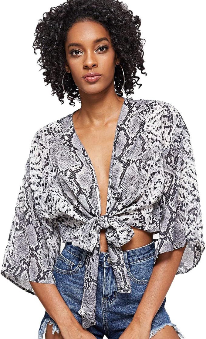 Floerns Women's Summer Printed V Neck Bow Tie Crop Top Blouse | Amazon (US)