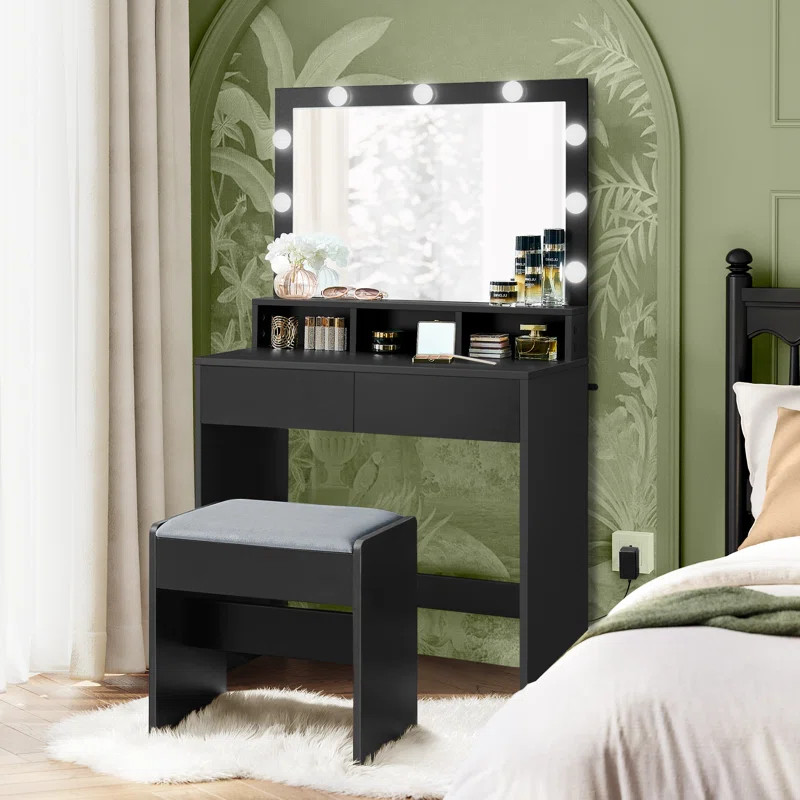 Makeup Vanity With Mirror And Lights,upholstered Vanity Stool, 9 Dimmable Led Lights | Wayfair North America