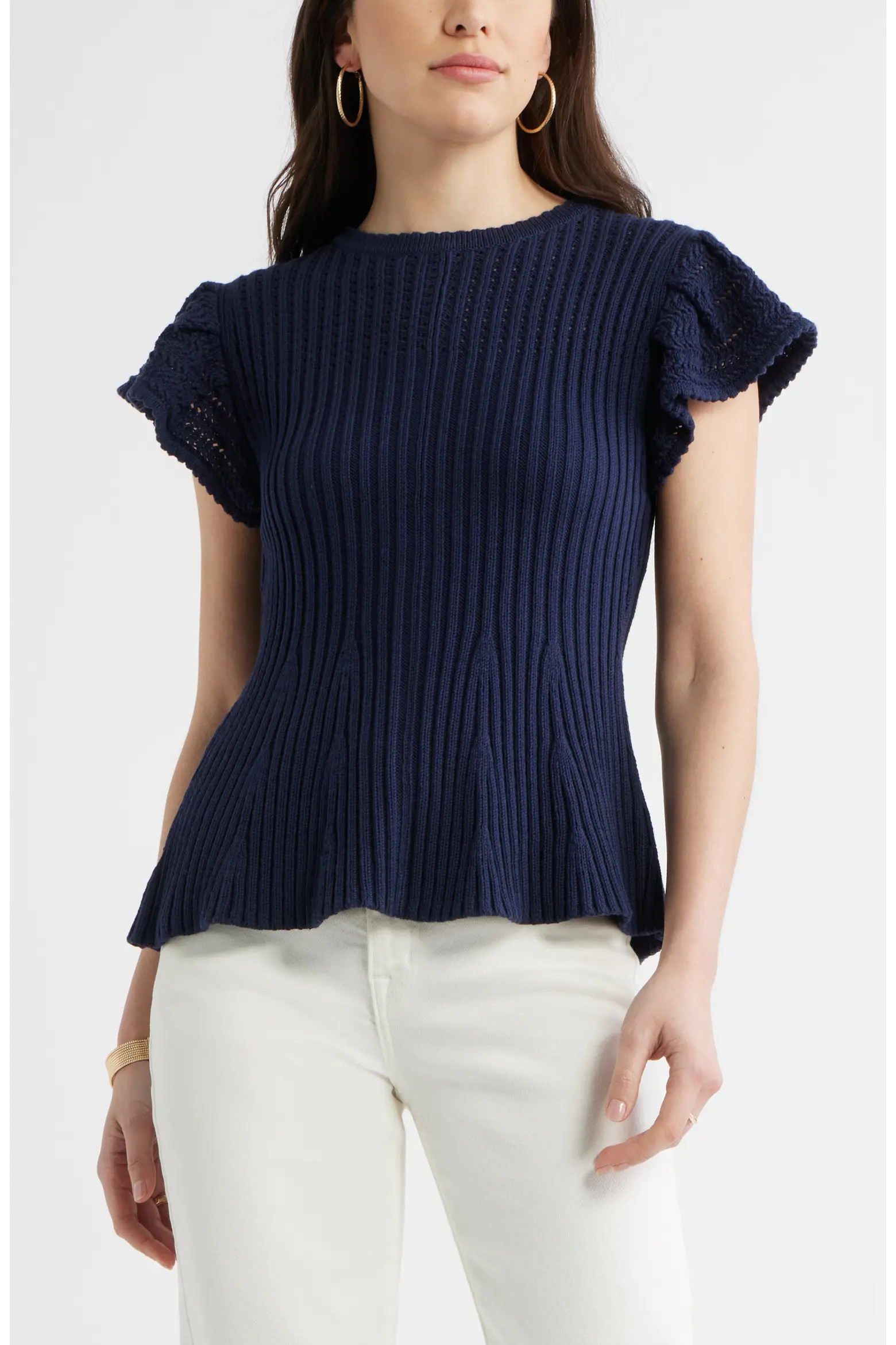 Caslon® Flutter Sleeve Pima Cotton Sweater (Women) | Nordstrom | Nordstrom