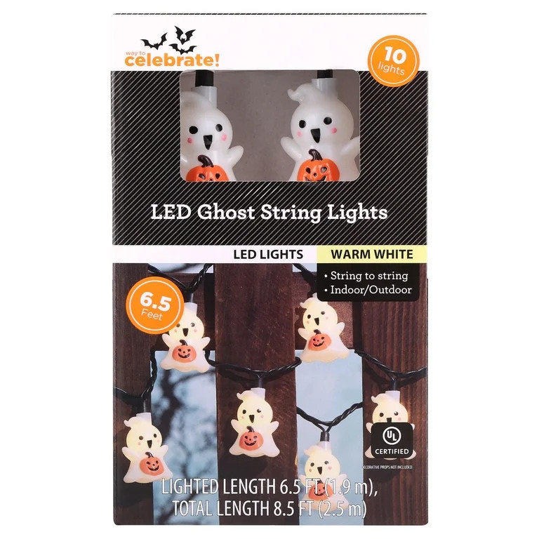 Indoor/Outdoor 10-Count LED Ghost with Pumpkin String Lights, Warm White, 6.5', Halloween by Way ... | Walmart (US)