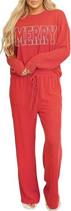 Women Pajamas Set Loungewear Ribbed Long Sleeve Top and Pants with Pockets Lounge Sweatsuit Set | Amazon (US)