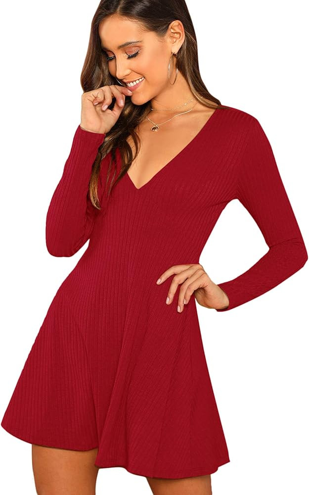 Verdusa Women's Elegant Deep V Neck Long Sleeve Ribbed Short Skater Dress | Amazon (US)