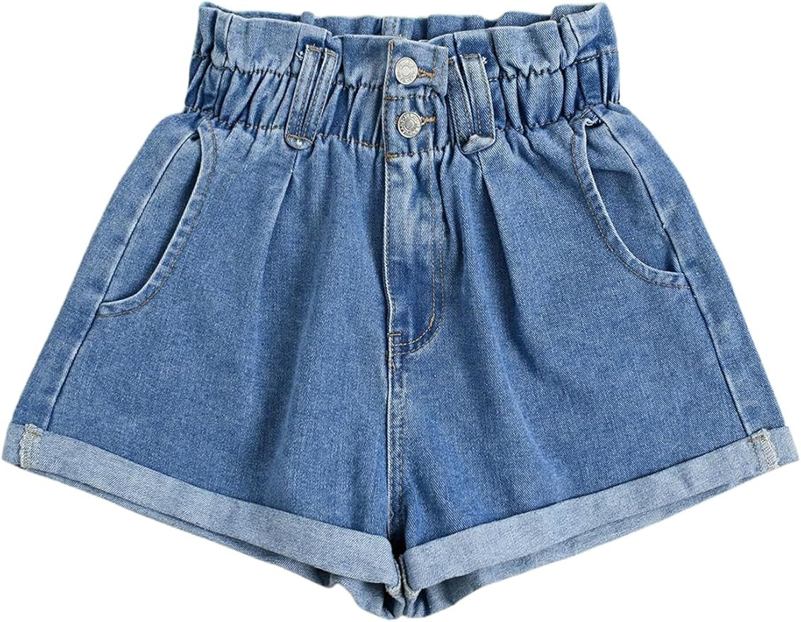 WDIRARA Women's Paper Bag Waist Button Roll Up Hem Denim Shorts with Pockets | Amazon (US)