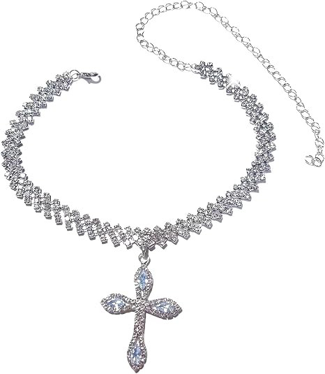 Silver cross Cuban Link Chain Necklace for Women ，hinestone cross pendant necklace and silver r... | Amazon (US)