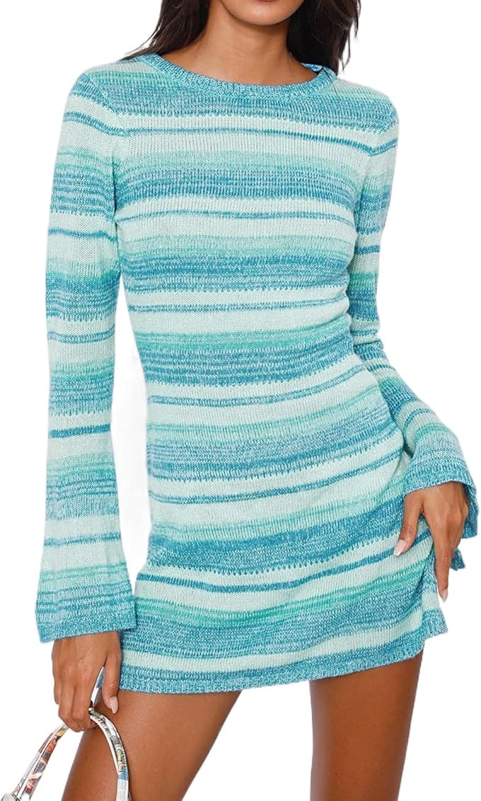 Fabumily Women Crochet Knit Mini Dress Long Sleeve Colorful Mesh Cover Ups Casual Sweater Dress 2... | Amazon (US)