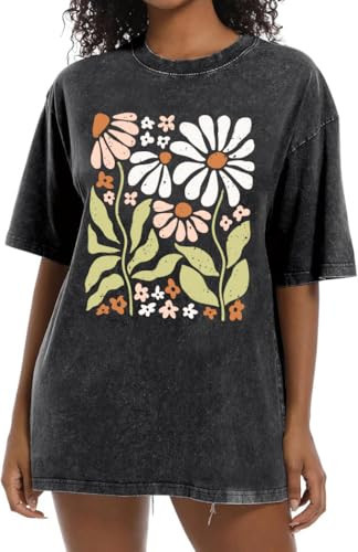 Western Tops for Women Oversized Rodeo Country Concert Outfit Vintage Cowboy Graphic Tees Short Sleeve Acid Wash Tshirt Black Flower | Amazon (US)