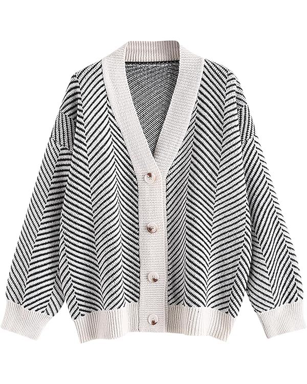 ZAFUL Women's Striped Cardigan Long Sleeve Button Up Open Front Knit Oversized Sweater | Amazon (US)