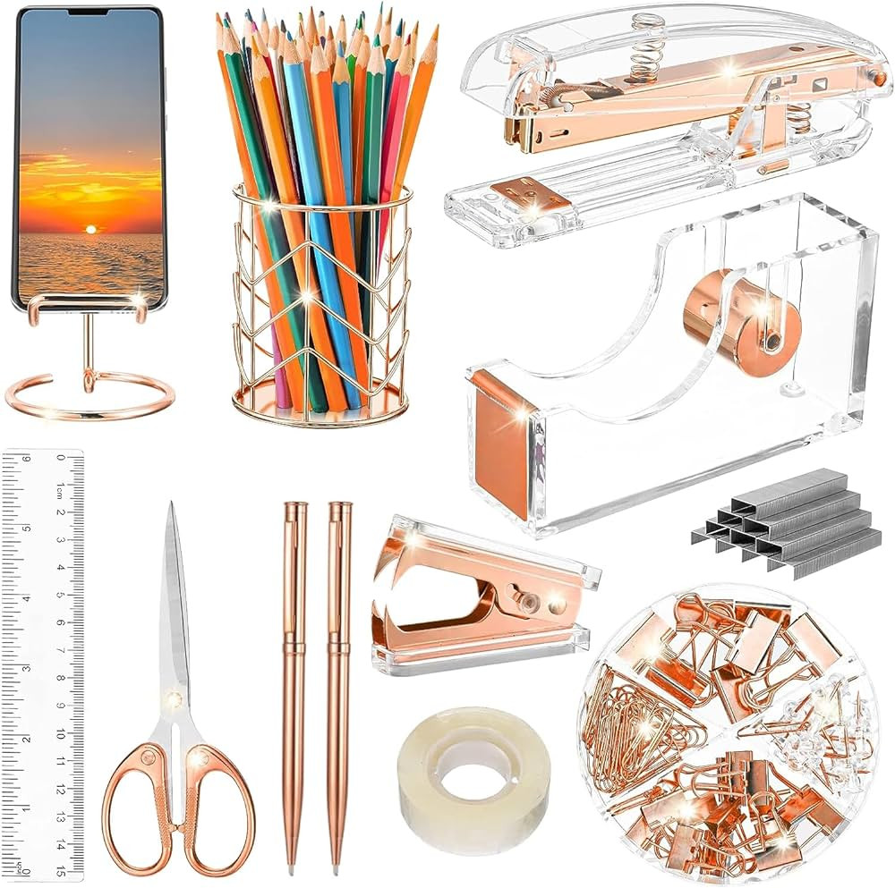 Rose Gold Desk Accessories,Office Supplies Set Acrylic Stapler,Staple Remover,Tape Holder,Pen Hol... | Amazon (US)