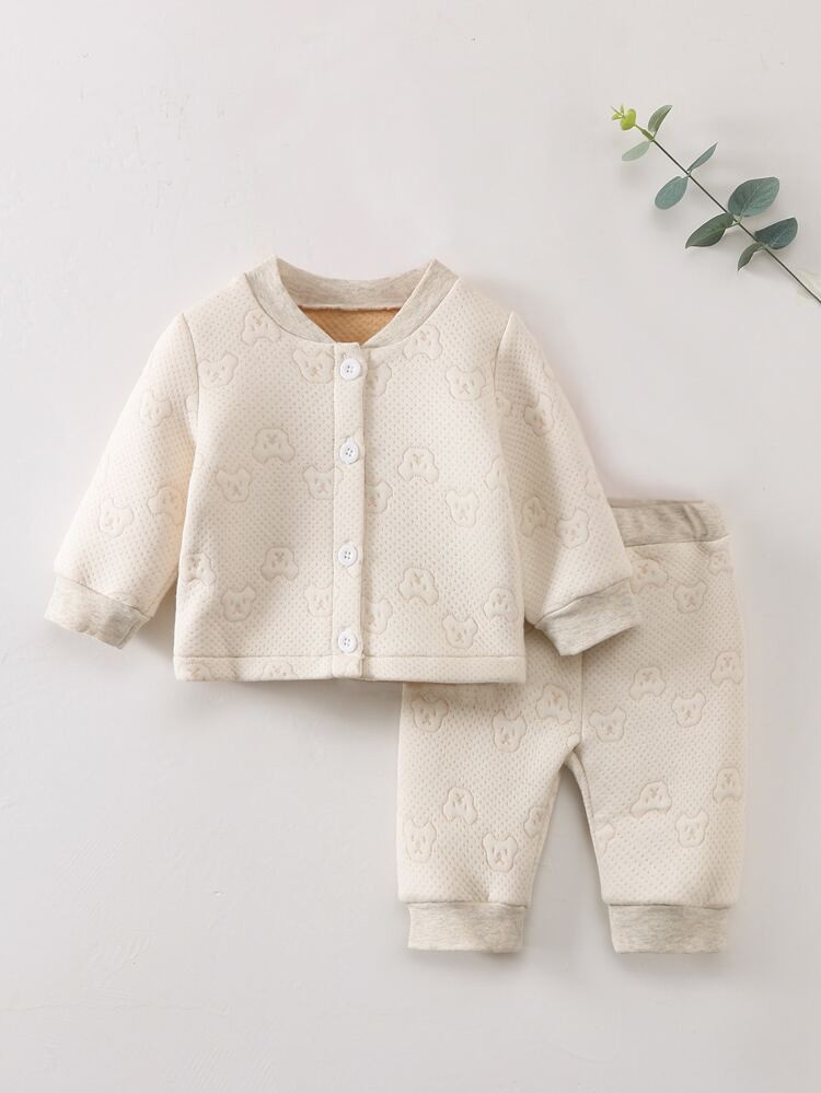 Newborn Baby Cartoon Pattern Button Front Jacket & Pants | SHEIN