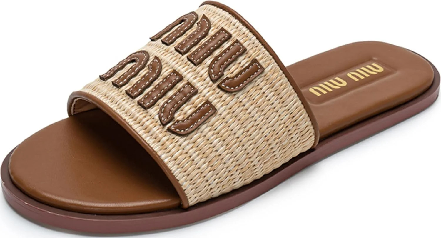 Womens Raffia Flat Sandals Open Toe Summer Beach Sandals Slip On Dressy Shoes | Walmart (US)