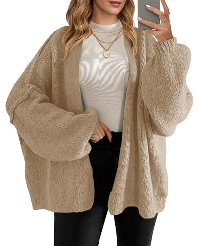 Saodimallsu Womens Oversized Cardigan Sweaters Open Front Chunky Knit Casual Long Lantern Sleeve Fall Sweater Coats Khaki | Amazon (US)