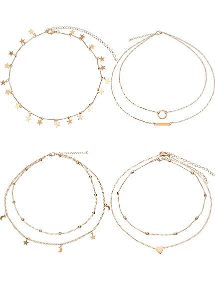 BBTO 4 Pieces Layered Pendant Choker Necklace Gold Layering Chain Choker for Women Girls | Amazon (US)