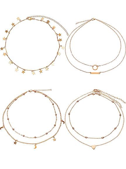 BBTO 4 Pieces Layered Pendant Choker Necklace Gold Layering Chain Choker for Women Girls | Amazon (US)