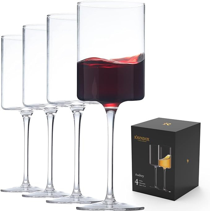 RAVNDOX Square Wine Glasses, Square White or Red Wine Glasses Set of 4, 11 Ounce Hand Blown Edge ... | Amazon (US)