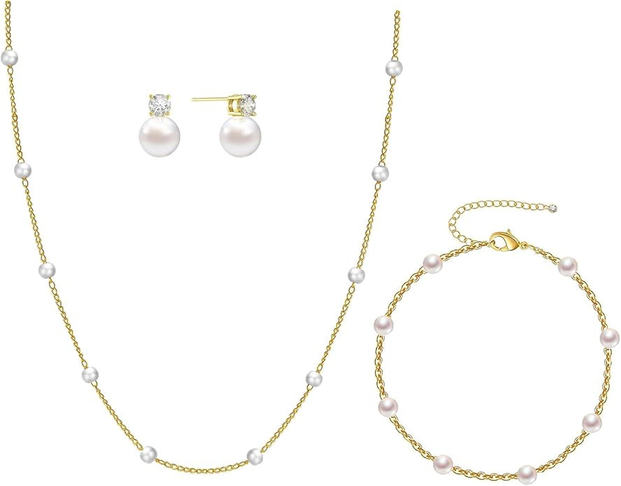 Amazon.com: RMOYI Gold Jewelry Set for Women Dainty 14K Gold Plated Pearl Necklace CZ Diamond Pea... | Amazon (US)