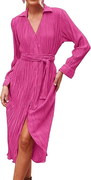 KIRUNDO Women's 2023 Fall Dresses Fashion Casual Collar V Neck Button Down Pleated Long Sleeve Mi... | Amazon (US)