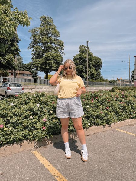 Comfy casual summer outfit - butter yellow graphic tee (L), striped boxer shorts (XL - size up if you have a booty!), adidas sambas


#LTKsummer #LTKmidsize #LTKcanada