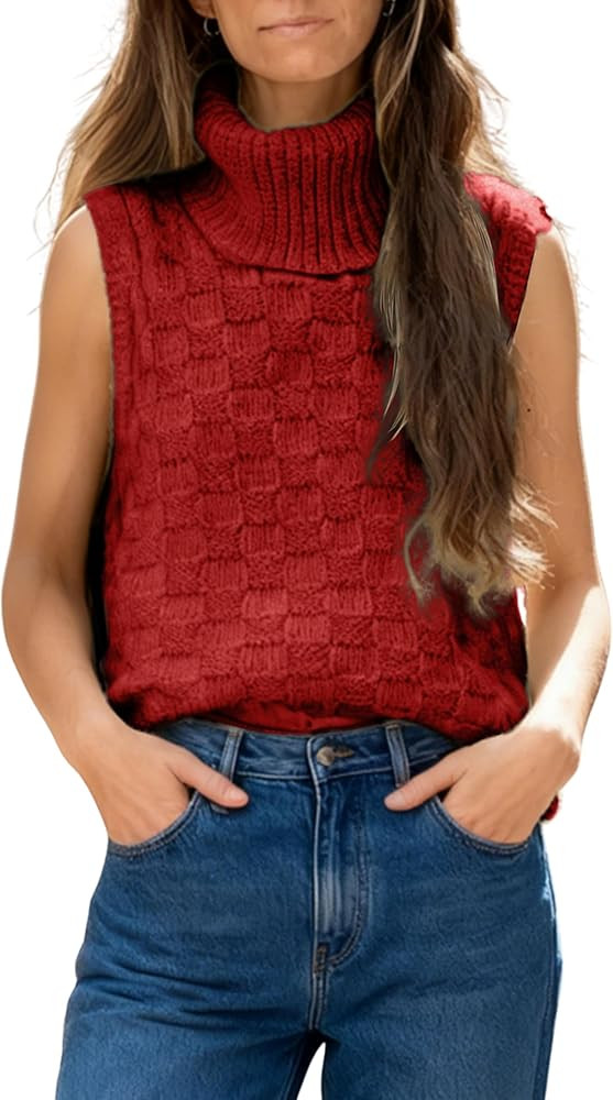 Huaqiao Womens Turtleneck Sweater Vest Sleeveless Pullover Knit Tank Tops Loose Solid Color Knitw... | Amazon (US)