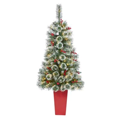 52” Frosted Swiss Pine Artificial Christmas Tree with 100 Clear LED Lights and Berries in Red T... | Nearly Natural