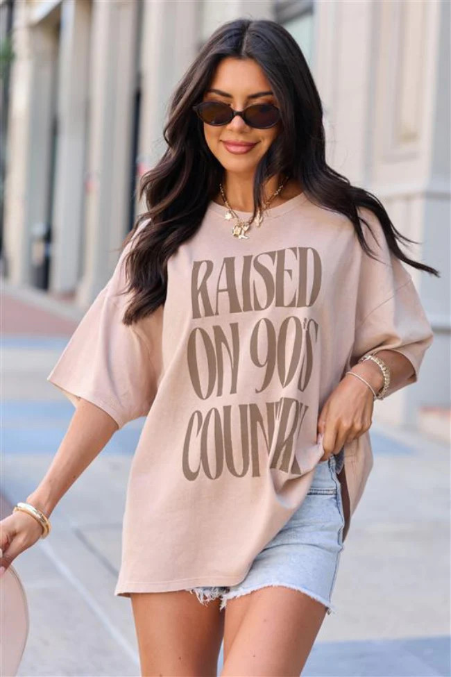 Raised On 90's Country Taupe Oversized Graphic Tee | Pink Lily