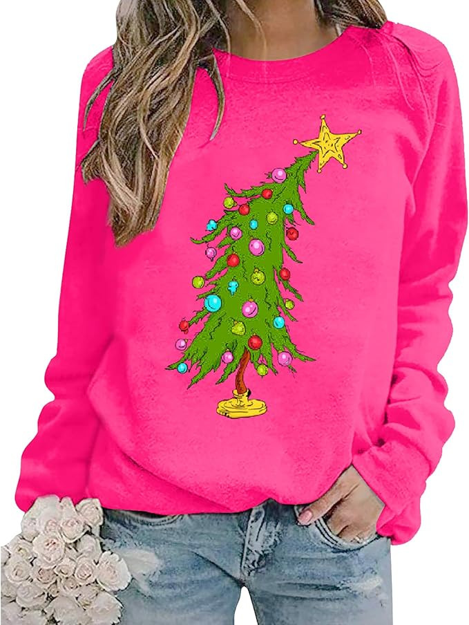 Christmas Sweatshirts for Women Cute Christmas Tree Graphic Long Sleeve Shirt Xmas Holiday Party ... | Amazon (US)