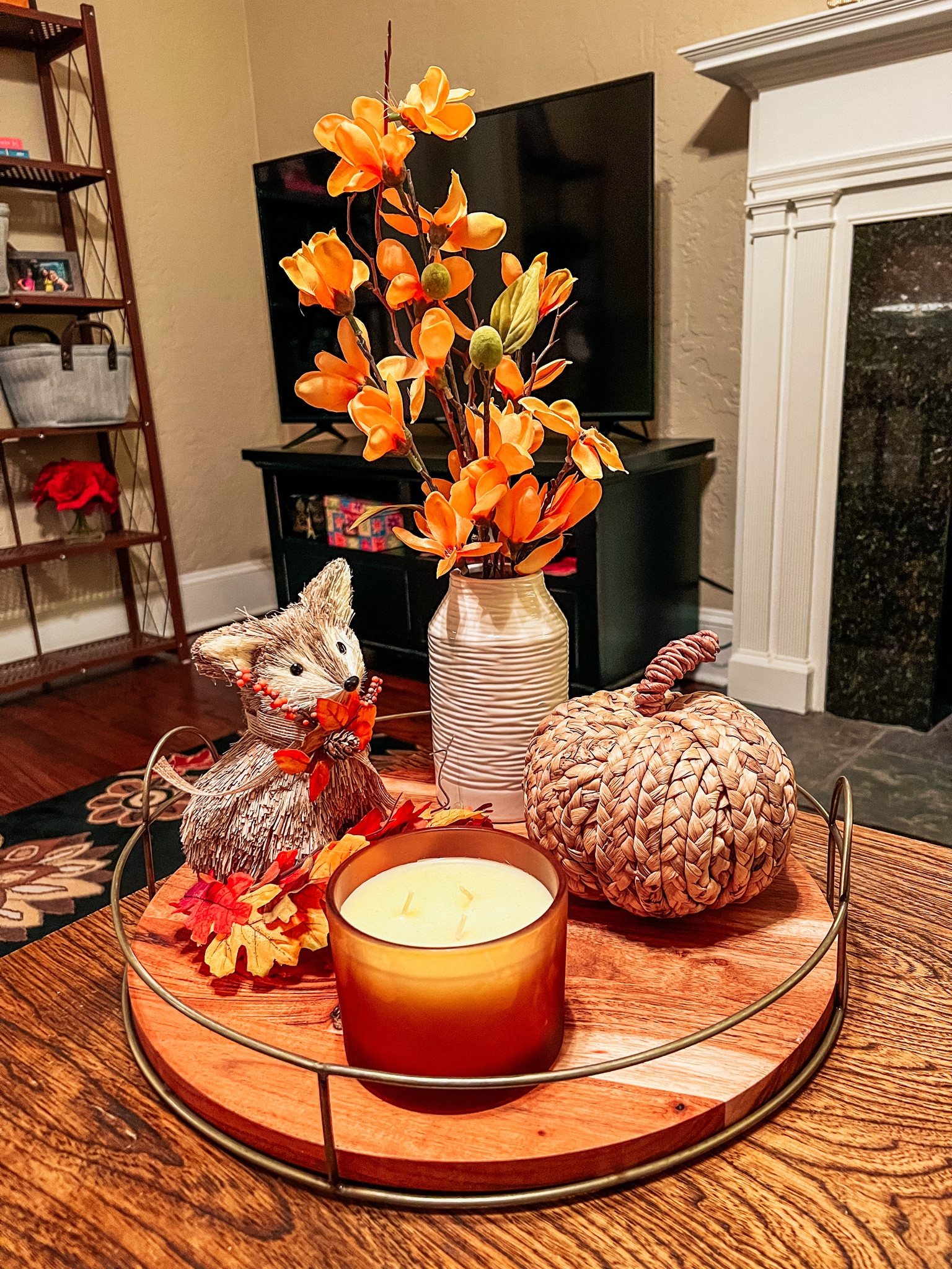 Fall decor - decorative table tray fall decor - home goods floral arrangement (not online), Michael’s woven straw fox, target decor rattan pumpkin, target caramel candle 

#LTKSeasonal #LTKhome #LTKunder50