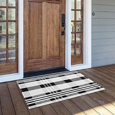 Black Buffalo Rug, Black White Outdoor Rug, Cotton Door Mat, Check Plaid Rug for Porch Kitchen Fa... | Amazon (US)