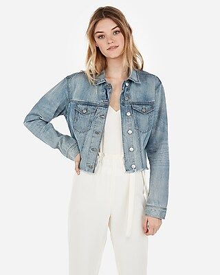 Express Womens Light Wash Destroyed Denim Trucker Jacket | Express