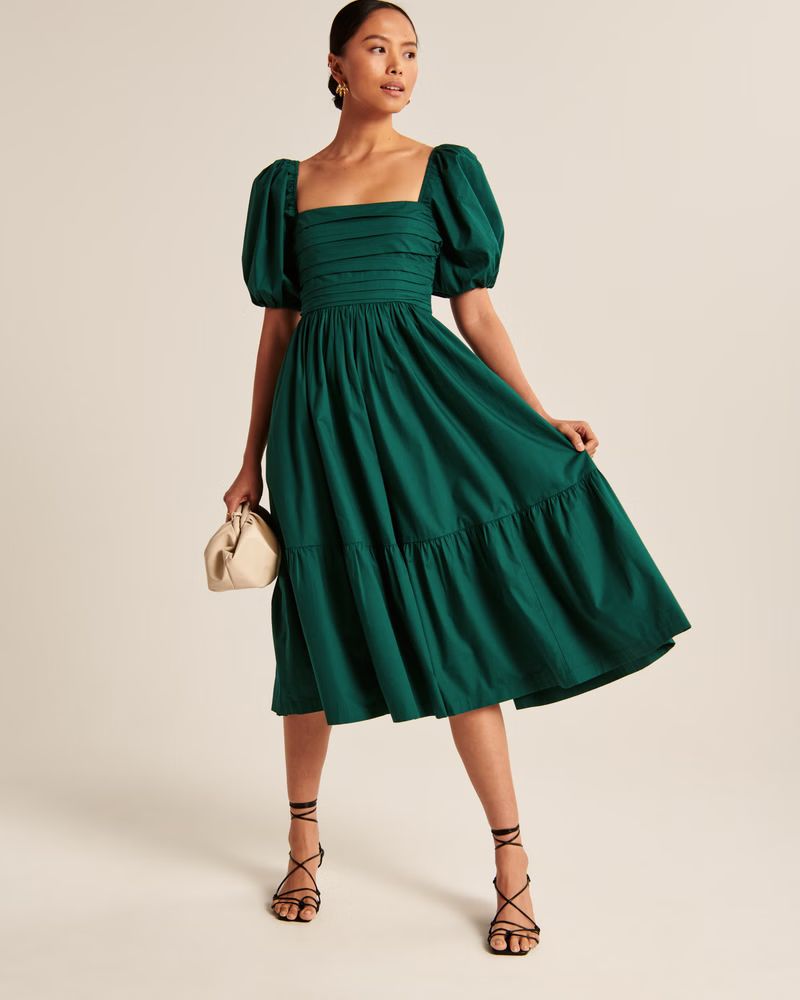 Women's Ruched Puff Sleeve Poplin Midi Dress | Women's Dresses & Jumpsuits | Abercrombie.com | Abercrombie & Fitch (US)