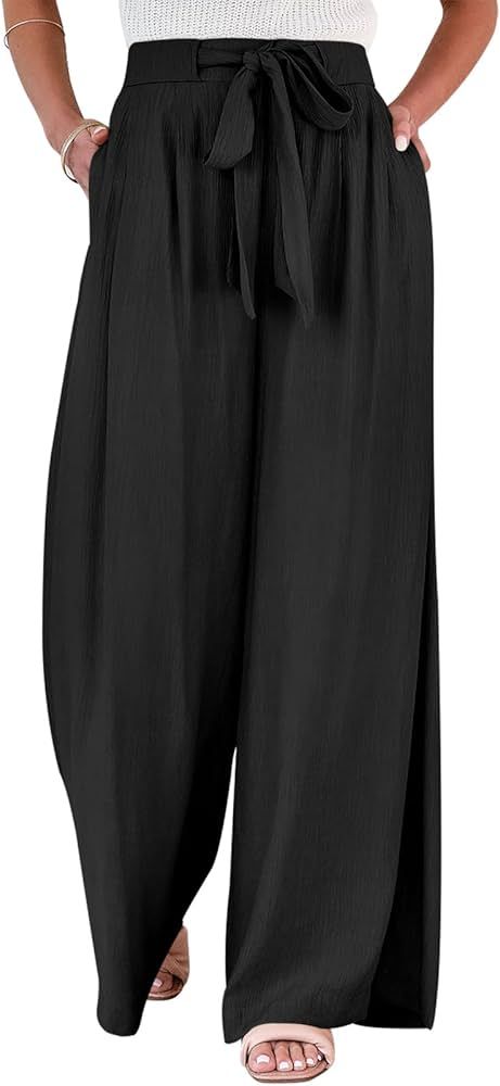 Caracilia Womens Wide Leg Palazzo Pants High Waisted Adjustable Tie Knot Flowy Trousers Casual Lo... | Amazon (US)