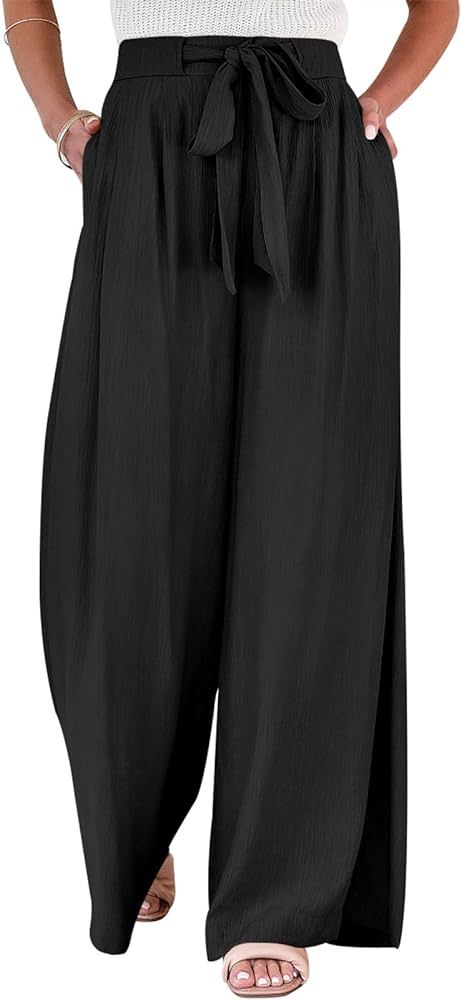 Caracilia Womens Wide Leg Palazzo Pants High Waisted Adjustable Tie Knot Flowy Trousers Casual Lo... | Amazon (US)