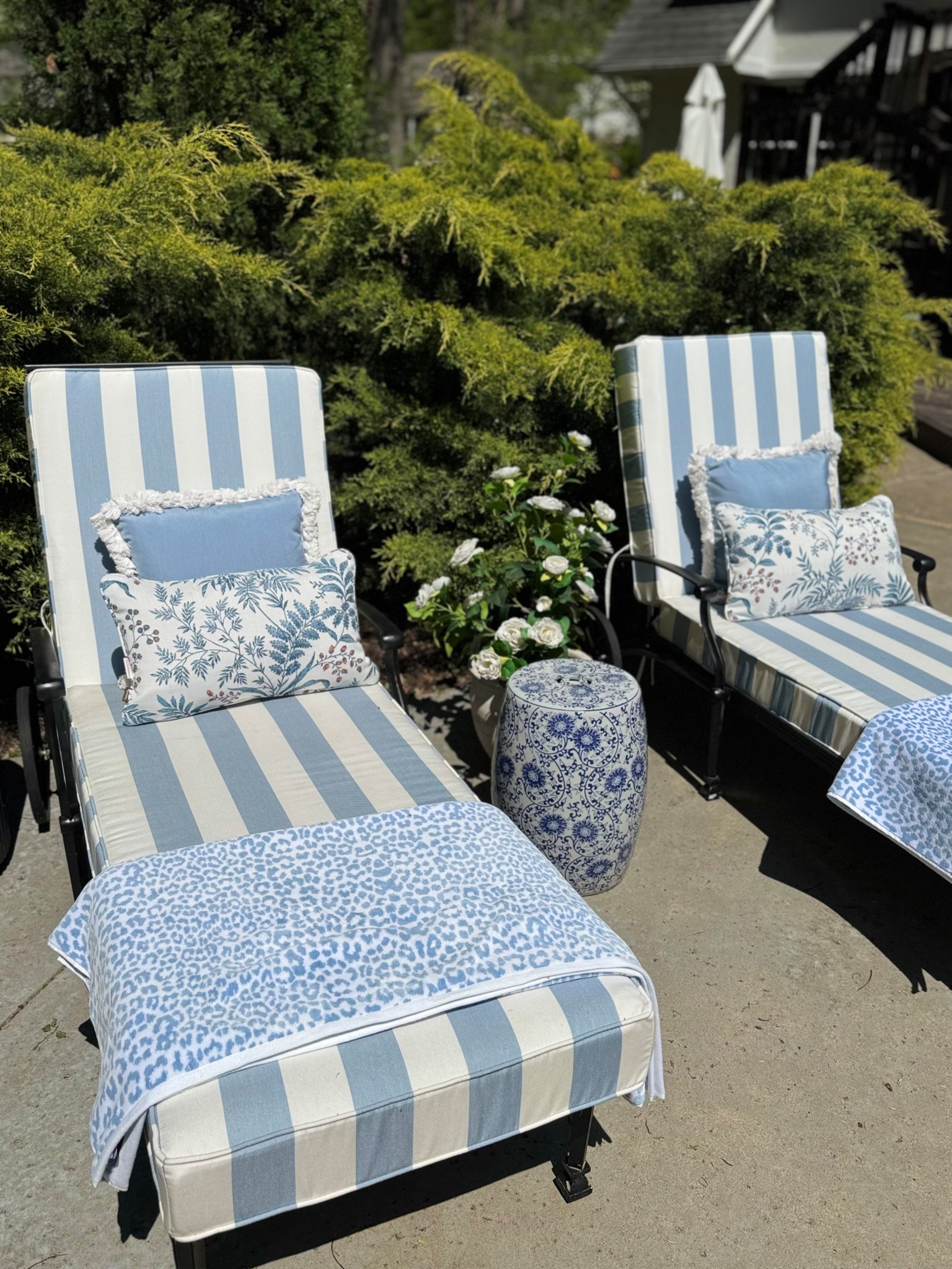 Outdoor chaise lounge chair, Sunbrella chaise cushions, blue leopard pool towel, beach towel, chinoiserie ceramic stool, artificial outdoor camellia shrub, outdoor pillows 

#LTKSaleAlert #LTKHome #LTKSeasonal