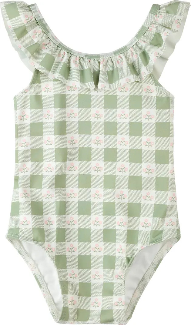 Flowers On Green Gingham Check One-Piece Swimsuit | Nordstrom