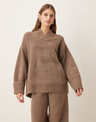 Pretty Lavish textured knit wrap high v neck sweater in deep taupe - part of a set | ASOS (Global)