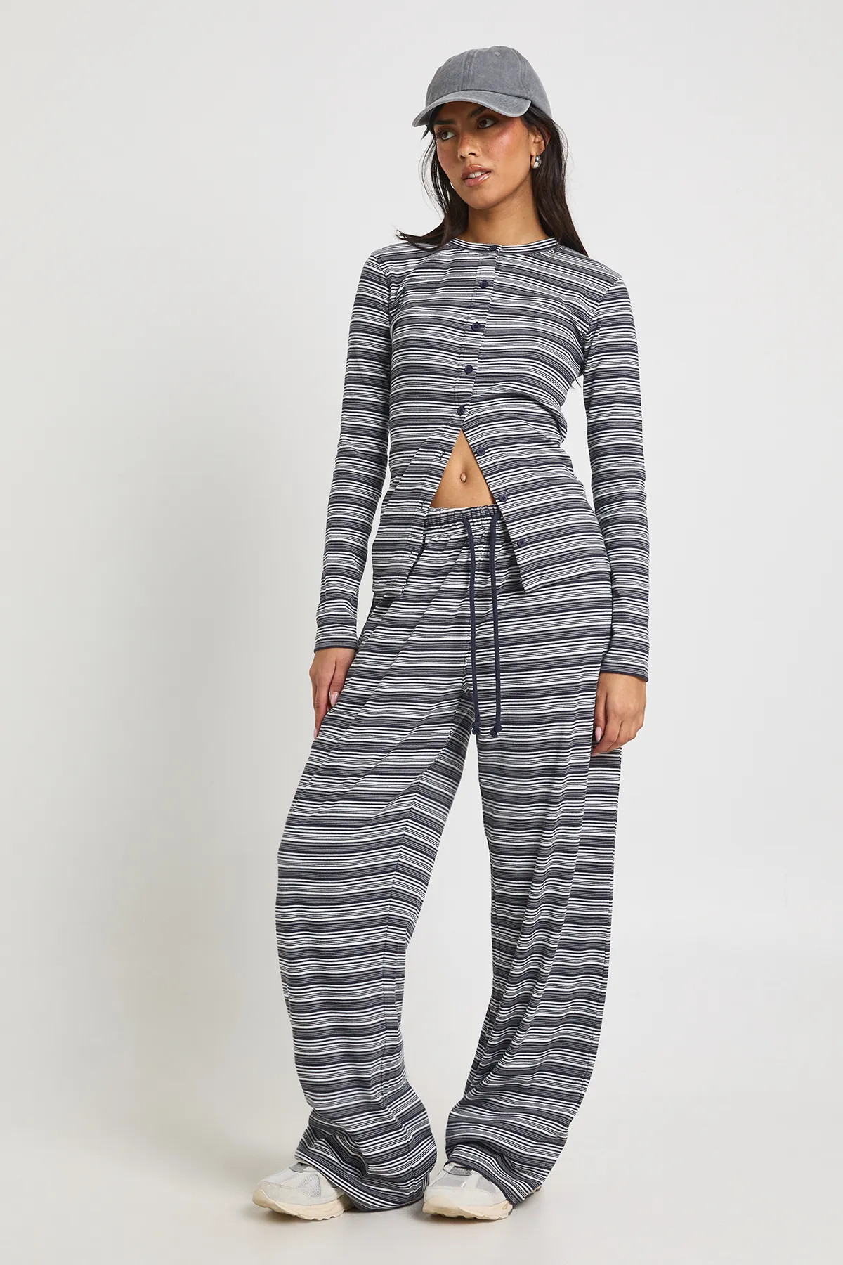 Navy Stripe Rib Button Through Long Sleeve Top & Trouser Co Ord | Boohoo | Boohoo.com (UK & IE)