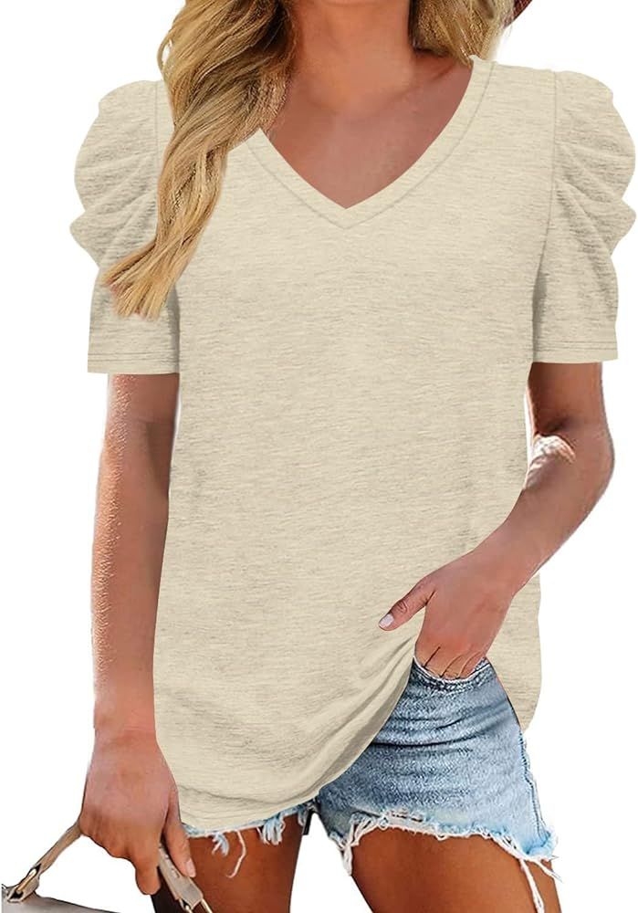 Danedvi Women Summer Casual V-Neck Short Puff Sleeves T Shirt Solid Basic Tunic Tops | Amazon (US)