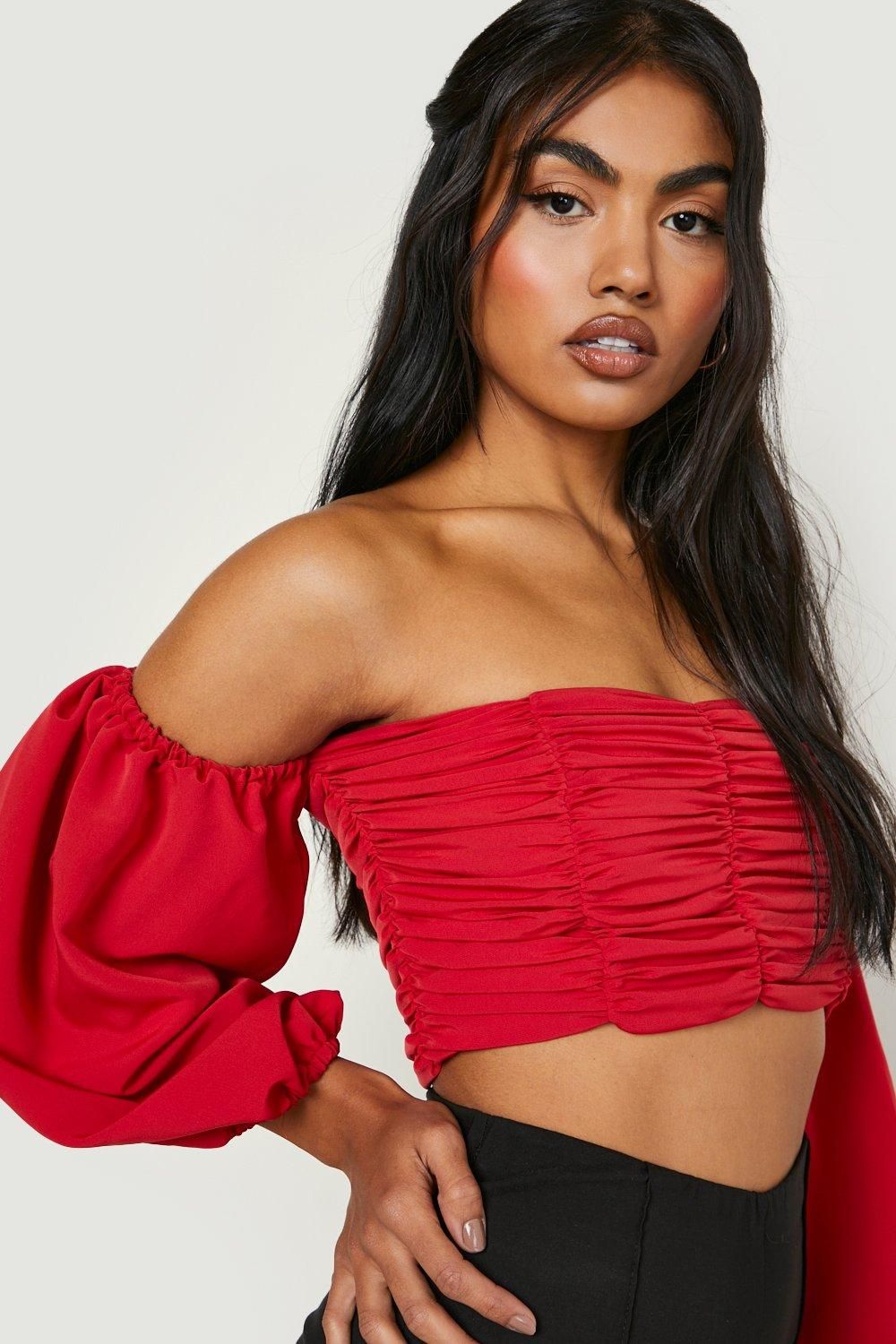 Womens Ruched Volume Sleeve Crop Top - Red - 10 | Boohoo.com (US & CA)