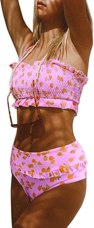 Aleumdr Womens 2 Pieces Bandeau Bikini Swimsuits Off Shoulder High Waist Bathing Suit | Amazon (US)
