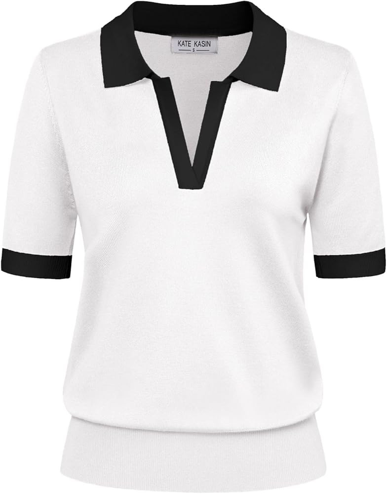 Kate Kasin Women Short Sleeve Polo Sweater V Neck Knitted Tops Casual Ribbed Shirt Loose Pullover... | Amazon (US)