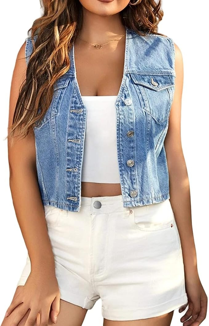 Women's Cropped Denim Vest Top Casual V Neck Button Down Sleeveless Jean Jacket Waistcoat | Amazon (US)