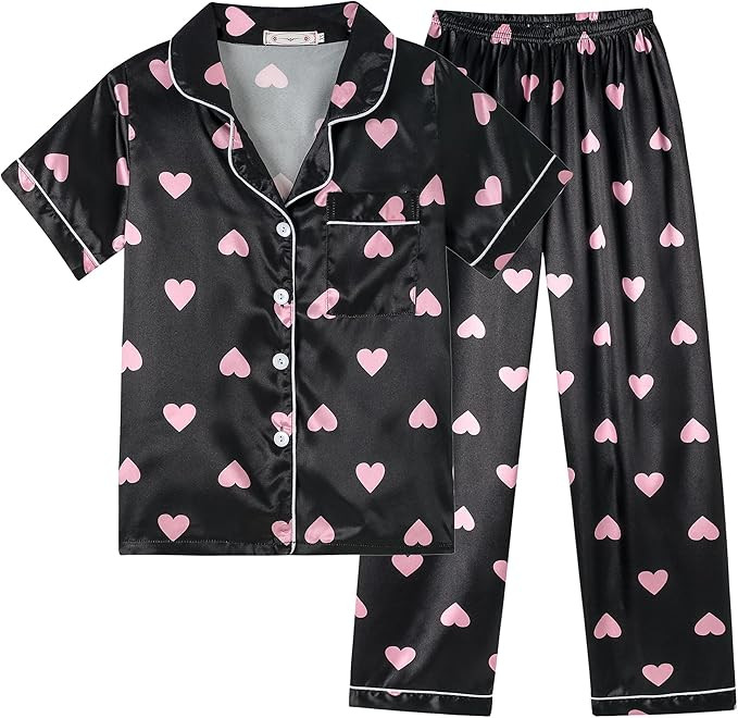 Vopmocld Girls Button Down Satin Pajama Sets Silky Short Sleeve Top & Pants Lounge Wear Teens Coz... | Amazon (US)