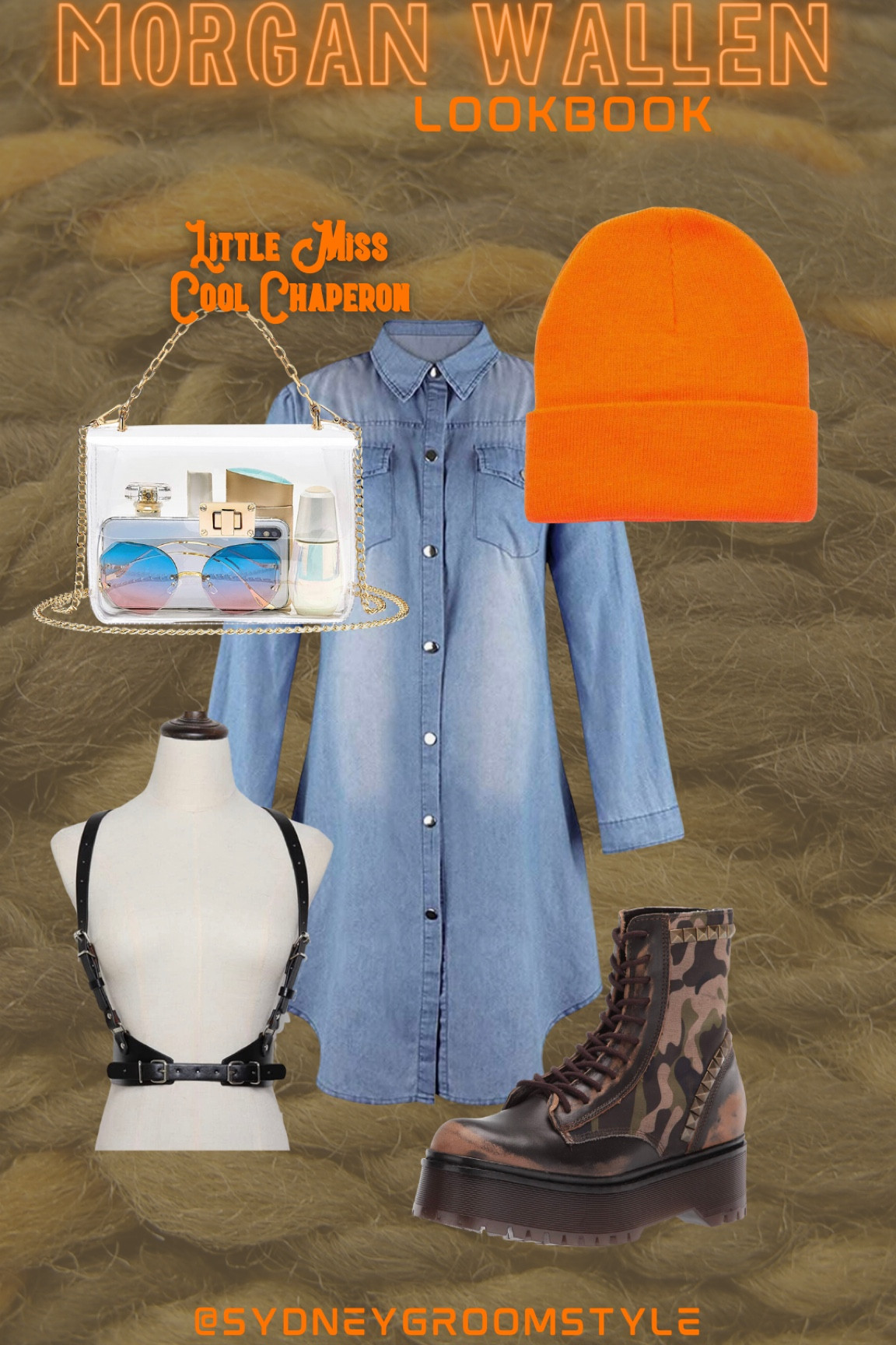Modest Morgan, Wallen concert outfit, inspiration, denim dress, orange beanie, clear stadium, see-through, structured bag, black harness, Steve Madden camo combat boots camouflage Amazon finds

#LTKshoecrush #LTKunder50 #LTKunder100