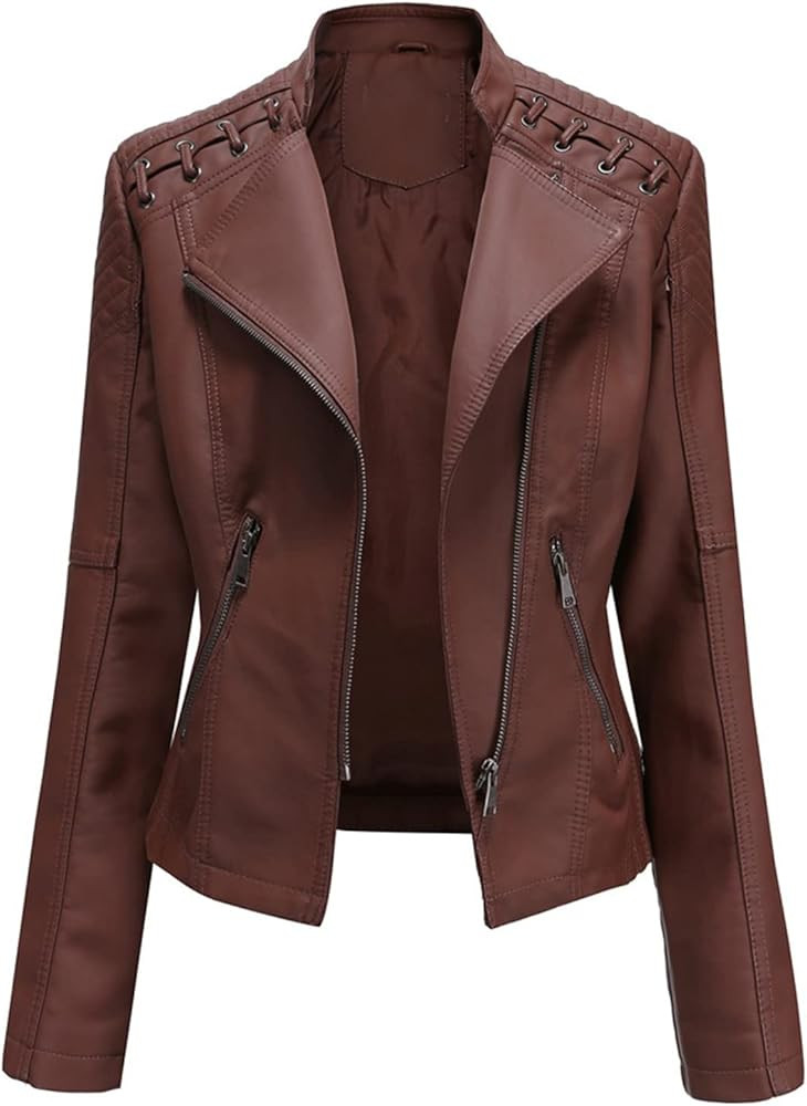 MODFUL Women's Faux Leather Moto Jacket Casual Short Solid Color PU Biker Coat with Pockets | Amazon (US)