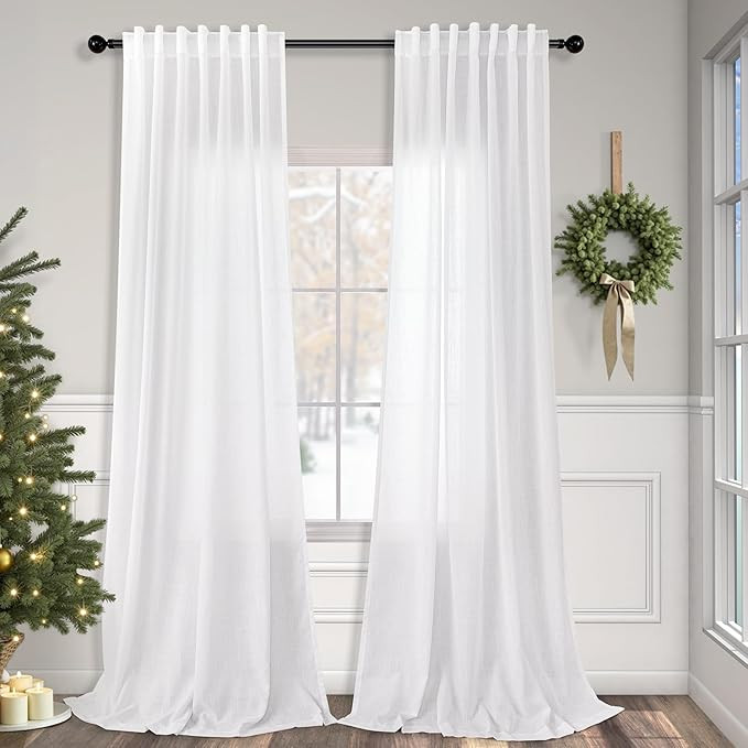 Pitalk White Linen Curtains 90 Inches Long for Living Room 2 Panels Back Tab Rod Pocket Draperies... | Amazon (US)