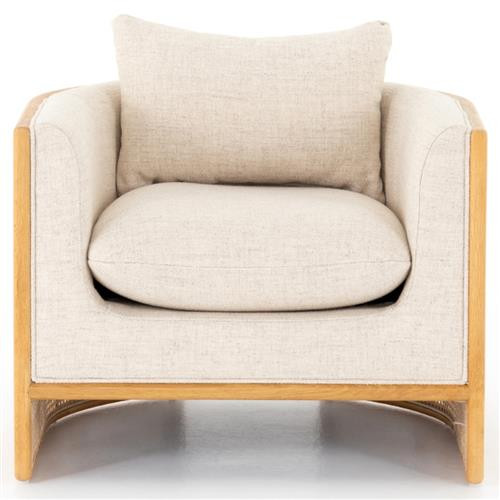 Jun Modern Cream Performance Upholstered Cushion Brown Wood Rattan Arm Chair | Kathy Kuo Home