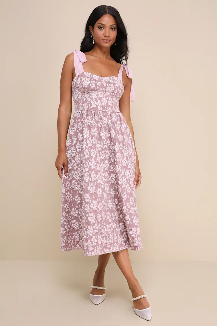 Bubbly Bliss Mauve Pink Jacquard Bustier Tie-Strap Midi Dress | Lulus