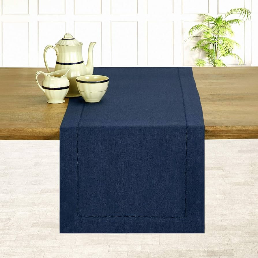 D'Moksha Homes Linen Table Runner 14 x 48 Inch - 100% Pure Linen Classic Hemstitch Navy Blue Tabl... | Amazon (US)