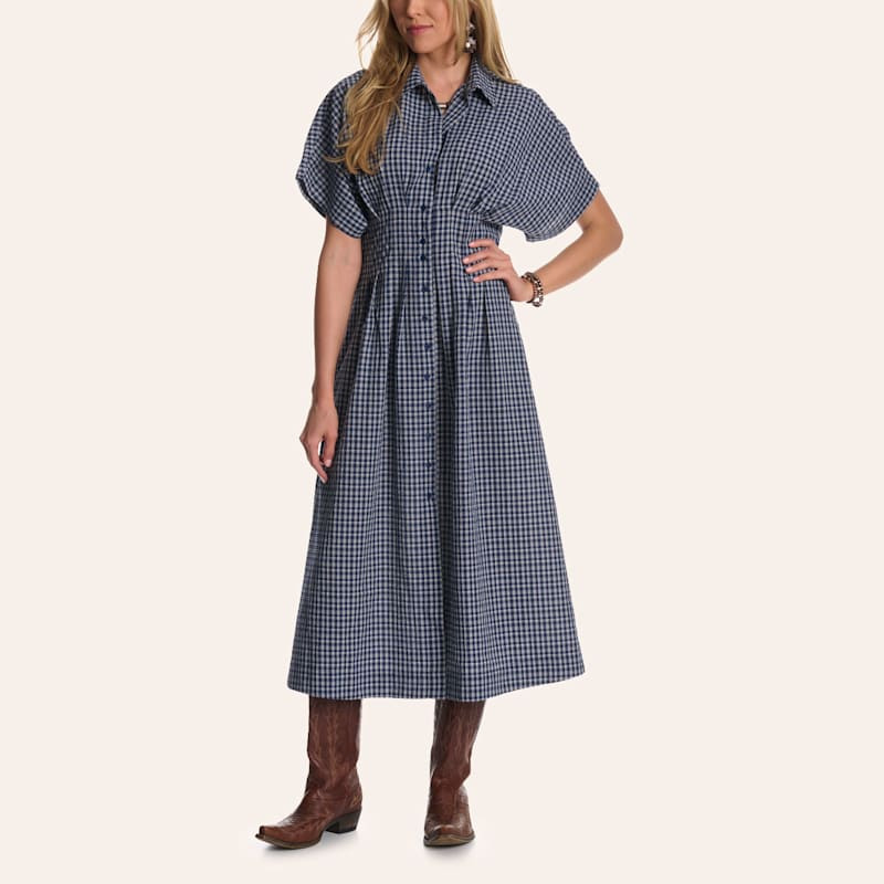Yura Women's Navy Gingham Print Button Front Puff Sleeve Midi Dress | Cavender's
