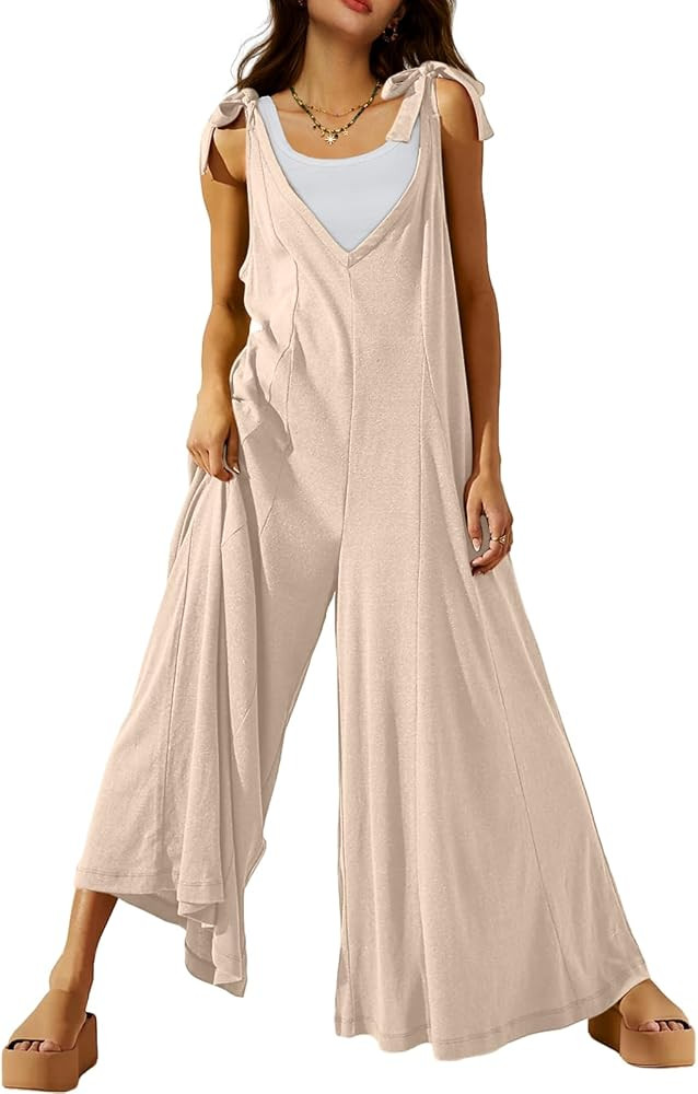 DEEP SELF Women's Summer Causal Jumpsuits Sleeveless Wide Leg Long Rompers V Neck Tie Strap Loose... | Amazon (US)