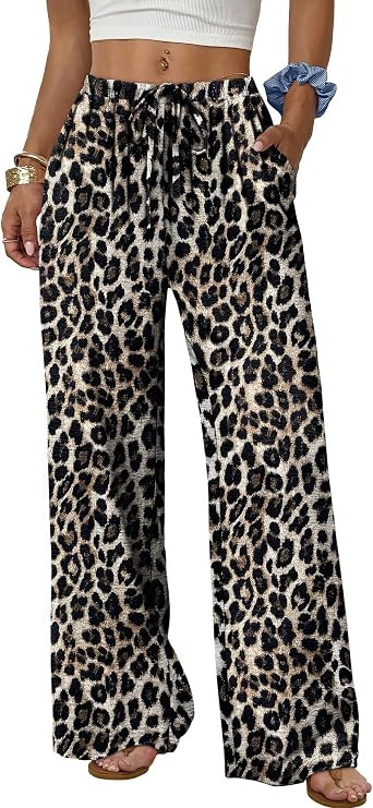 Sampeel Wide Leg Pants for Women Flowy Palazzo Drawstring Elastic Waist Trousers with Pockets Sum... | Amazon (US)